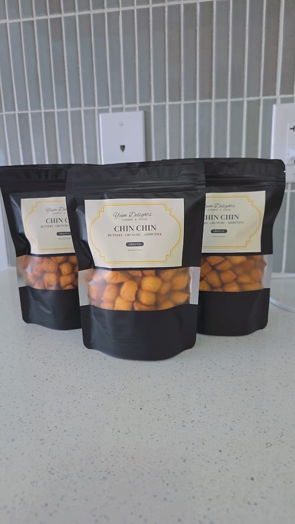 Yum Delights Original chin-chin retail bags with standard packaging and Made in Ontario label